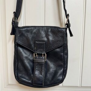 Perry Ellis Black Pebble Leather Buckle Crossbody Bag. 7” by 8.5” by 2”